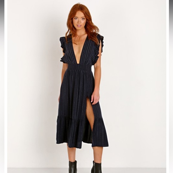 NWT Stillwater Jessie Midi Dress Navy Metallic Stripe - Picture 2 of 10